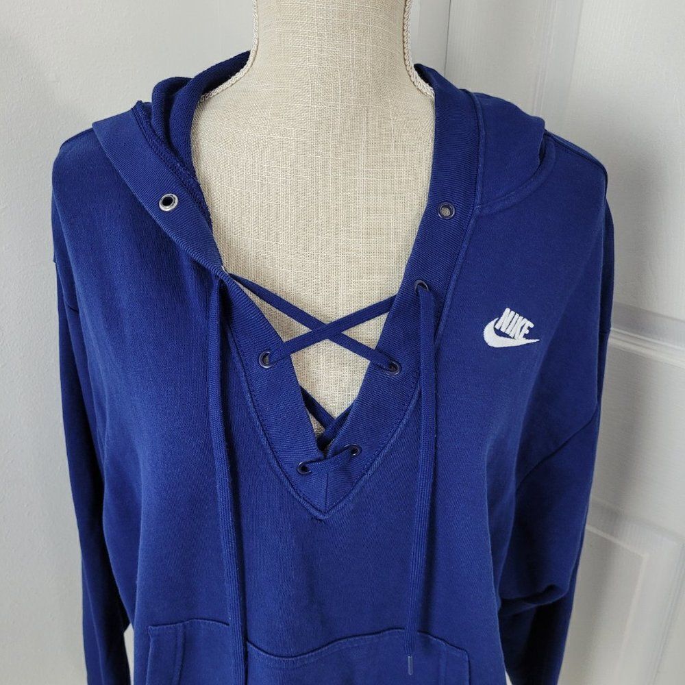 Nike Hoodie Womens Small Blue Lace Up V Neck Void Terry Pocket Pullover - Picture 2 of 14